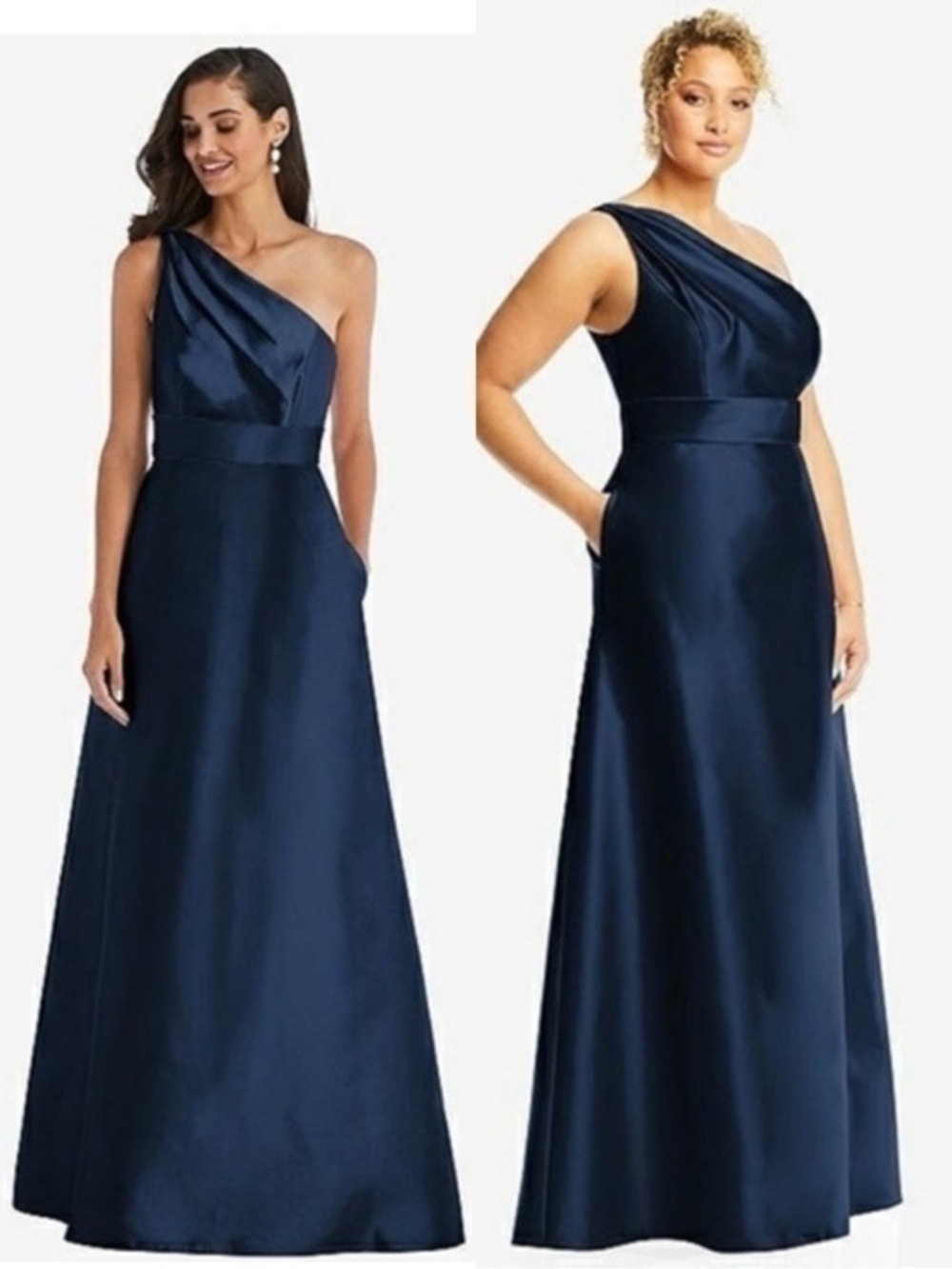 NWT Alfred Sung Satin Twill One Shoulder Maxi Dress Gown Size 12 D815 Chic Navy